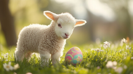 Naklejka premium Adorable lamb with Easter egg in spring meadow for holiday blogs, greeting cards, and seasonal designs
