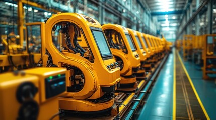 Assembly line of yellow industrial robots in a modern factory.