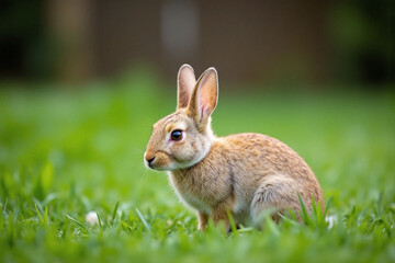 Fototapeta premium Small rabbit in grass has light brown fur and looks at camera