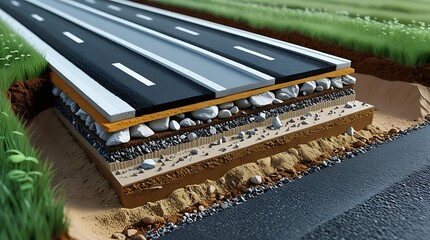 3D Cross-Sectional Illustration of a Modern Roadway Structure with Detailed Underground Layers – Asphalt Surface, Gravel Base, Compacted Soil, Drainage System, and Engineering Design for Durability