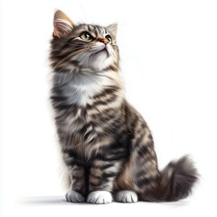 British Longhair cat, striped color, sitting, white background.