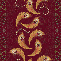 A seamless golden peacock feather pattern with pearls string, and swirling ornaments on a deep red vertical striped backdrop.