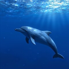 Fototapeta premium An illustration of a dolphin gracefully swimming in deep blue ocean waters, with sunlight filtering through the water and rays of light reflecting on the surface.