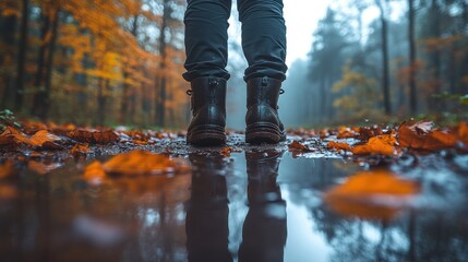Autumn boots reflecting in puddle, forest path.