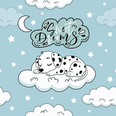 Cute Dalmatian puppy is sleeping on the cloud. Good night seamless pattern. Sweet dreams. Children's blue pattern with little dog and stars.
