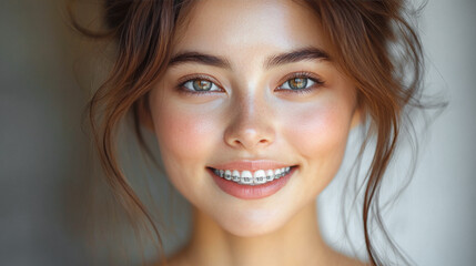 Naklejka premium Close up portrait healthy female with Brackets on Teeth. Beauty woman smile with orthodontic accessories. Orthodontics treatment and Dental care concept