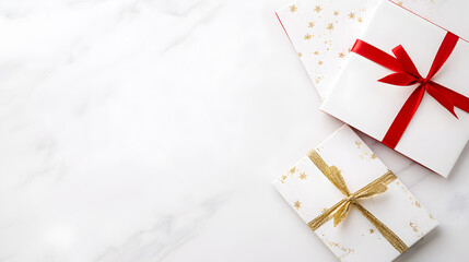 Fototapeta premium Elegant white gift boxes adorned with red and gold ribbons rest on a marble surface, creating a luxurious and festive presentation. Perfect for holiday promotions and gift branding. Selective focus