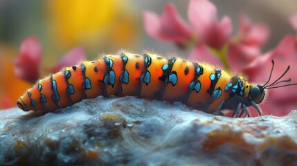 Naklejka premium Vibrant orange and blue caterpillar crawling on rock near pink flowers.