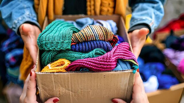a volunteer holds a box with things. selective focus
