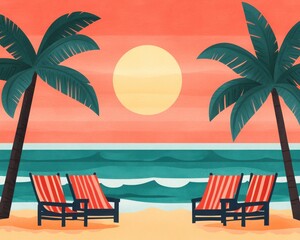 Fototapeta premium A serene beach scene with palm trees and deck chairs, perfect for relaxation. Experience the beauty of sunset by the ocean.