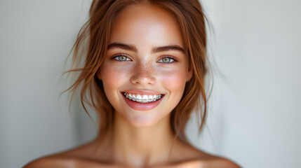 Naklejka premium Close up portrait healthy female with Brackets on Teeth. Beauty woman smile with orthodontic accessories. Orthodontics treatment and Dental care concept