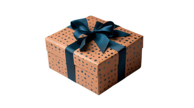 Elegant Gift Box Orange Dots and Blue Ribbon, Luxury Party Design for Holidays, isolated on transparent background.