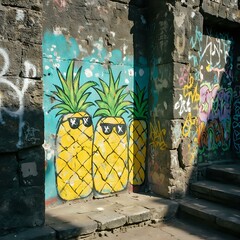 A vibrant graffiti mural adorns a wall, featuring three stylized pineapple figures with sunglasses against a backdrop of colorful graffiti.