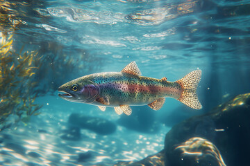 Naklejka premium Rainbow trout swimming in clear water for nature blogs, fishing websites, and educational materials
