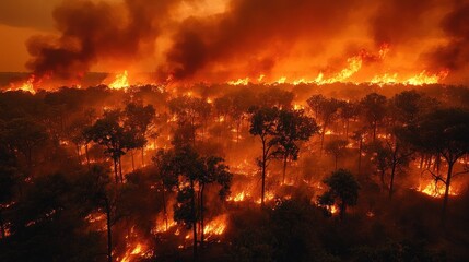 Aerial view of a massive wildfire engulfing a forest, intense flames and smoke billowing.