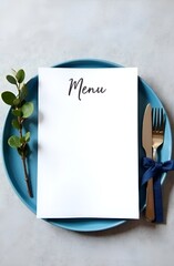 Elegant Menu Mockup on Blue Plate with Gold Cutlery