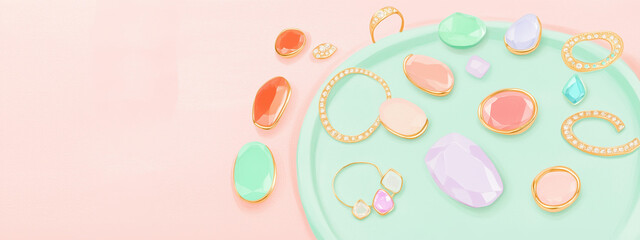 Handmade gold and silver jewelry displayed on pastel plate, featuring colorful gemstones and elegant designs. This vibrant collection showcases creativity and craftsmanship