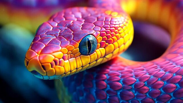 Colorful snake with a pink head and orange body. The snake is in a blue background. The colors of the snake are vibrant and eye-catching