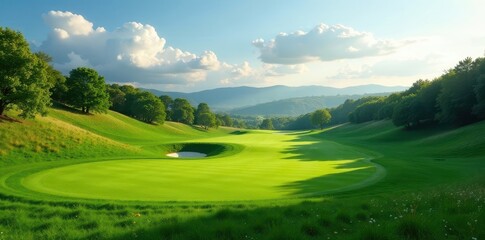 Obraz premium Undulating fairway, ancient stone wall backdrop, nature, line