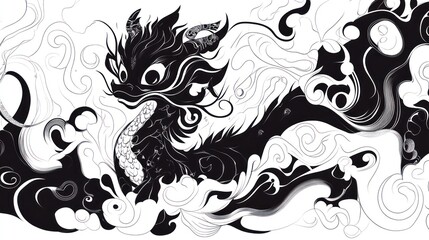 Black dragon in swirling clouds, decorative, digital art, background image