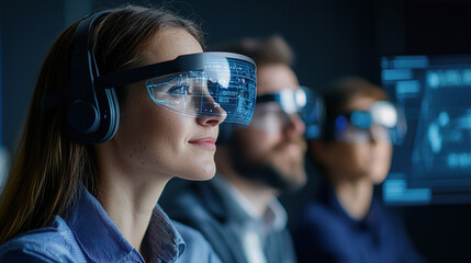 group of professionals using augmented reality headsets in modern office