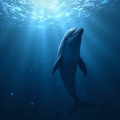 A digital illustration of a dolphin swimming in the ocean, with sunlight reflecting off the water and rays of light coming from the top.