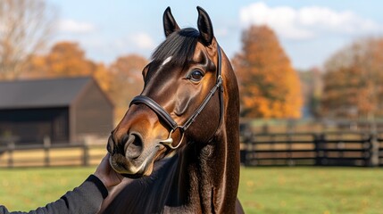 Obraz premium Close-up of a bay horse's head in an autumnal paddock, gently being touched.