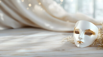 Elegant white and gold masquerade mask resting on a wooden surface with soft fabric drapery in the background. Perfect for mystery themes, theatrical posters, and artistic branding. Selective focus