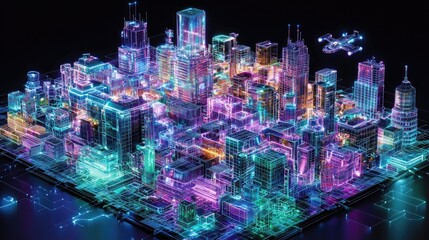Neon Cityscape, A Futuristic Wireframe Metropolis