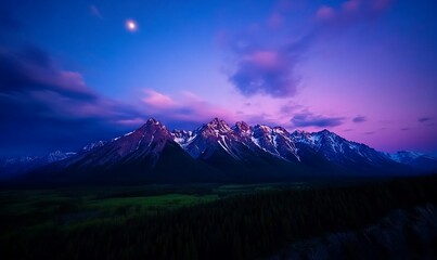Majestic peaks under twilight hues, A sublime alpine panorama at dusk