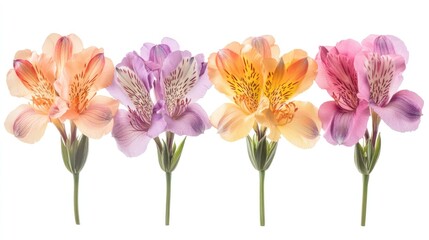 Obraz premium Four colorful alstroemeria flowers, isolated on white background, for greeting cards