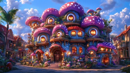 Whimsical mushroom house in a fantasy town.