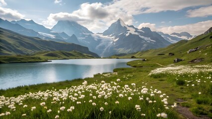 alpine lake in the alps, view on Bernese range above lake. Swiss alps, Grindelwald valley.