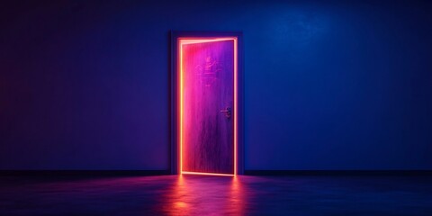Neon lit doorway creating an ethereal effect in a minimalistic space