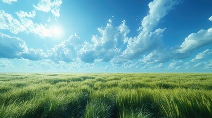 Fototapeta premium A serene landscape of tall grass under a bright blue sky with fluffy clouds.
