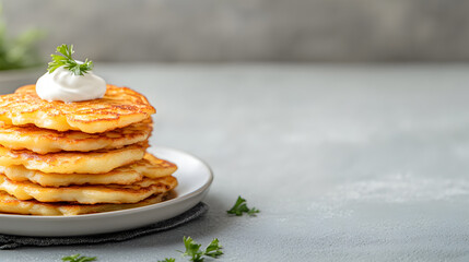 Delicious golden potato pancakes stacked on a white plate with fresh parsley and sour cream on top. Perfect for food photography, restaurant menus, and culinary blogs. Selective focus