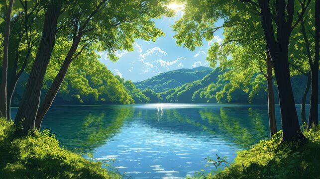 Serene lake view, sunlit trees, mountain backdrop; peaceful nature scene
