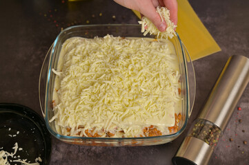 Homemade lasagna cooking preparation. Woman's hands putting grated cheese. Bolognese sauce in a...