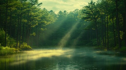 Obraz premium Sunbeams illuminate misty forest lake at dawn.