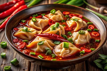 Spicy Wonton Soup, Vertical Food Photography - Delicious Asian Cuisine