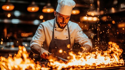 Chef skillfully prepares food over open flames in a restaurant kitchen.