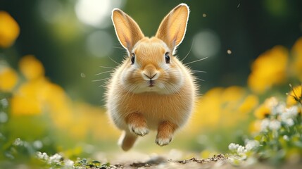 Adorable orange bunny rabbit hopping through a vibrant yellow flower field.
