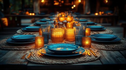 Romantic outdoor dinner party with candlelight, rustic table setting, and blue plates.