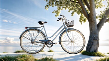 Obraz premium A vintage-style bicycle stands elegantly by a flowering tree, basking in the soft afternoon light.