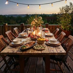 Obraz premium Generated image An outdoor dinner setup with fairy lights, rustic wooden tables, and a selection of seasonal
