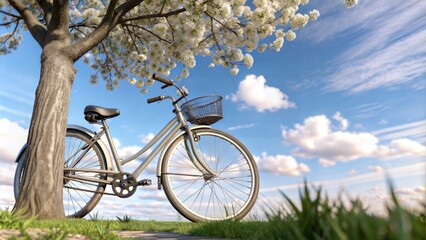 Fototapeta premium A serene outdoor scene featuring a vintage bicycle resting under a flowering tree on a sunny day.