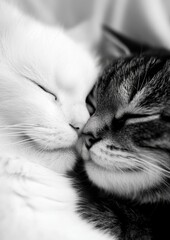 Two adorable cats, one white and fluffy and the other gray with stripes, are cuddled together, their noses almost touching, exuding a sense of warmth and companionship.