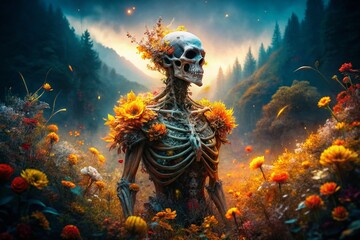 Spooky Floral Double Exposure: Skeleton with Autumn Bouquet in Moody Forest