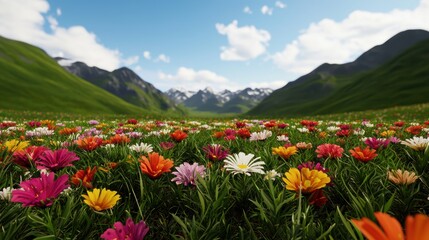 A vibrant field of colorful flowers stretches across a serene valley, surrounded by majestic mountains and a bright blue sky.