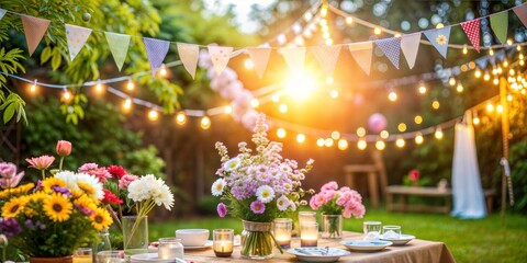 A beautiful outdoor garden party setting adorned with colorful flowers and twinkling lights for an enchanting evening.